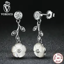 VOROCO 925 Retroceso Blanco Flor Colgante Stud Pendientes de Plata Esterlina del Corchete de Las Mujeres Pendientes de Joyería Compatible con VRC S479