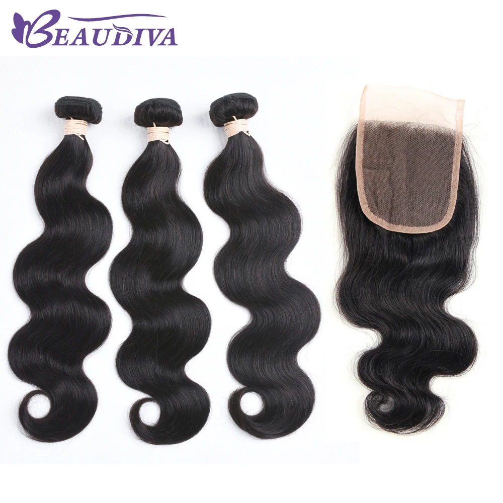 Beaudiva Pre-Colored Brazilian Remy Hair Body Wave With Closure 100% Human Hair Weave Natural Color 3 Bundles With Lace Closure body-wave