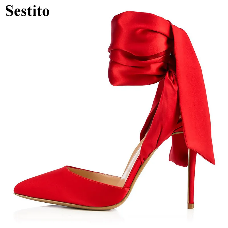 

Newest Design Solid Flock Pointed Toe Ankle Strap Wedding Women Pumps Summer Super High Thin Heels Lace-up Butterfly-knot Shoes