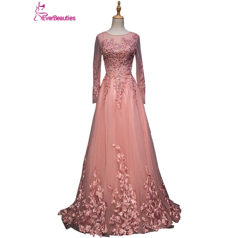 Robe De Soiree Evening Dresses Long Tulle Lace Appliqued Beaded Long Sleeves Prom Party Dresses Lace up Abiye Abendkleider 2019