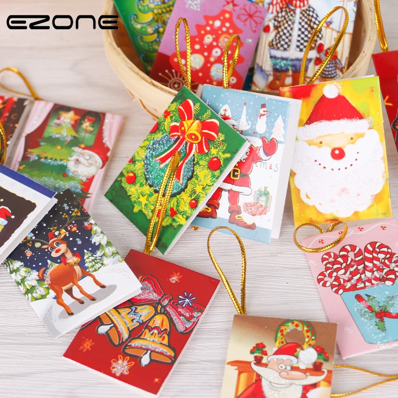 

EZONE 10PCS Christmas Writing Papers Printed Bell/Santa Claus/Elk Greeting Card Christmas Tree Decoration Pendant Wish Cards