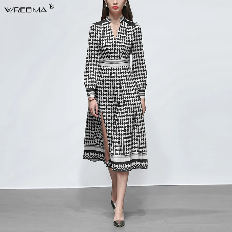 

2019 Vintage Dress Plaid Striped White Black Printed Retro Bodycon Women Spring long Sleeve Plus Size Long midi Party Dress