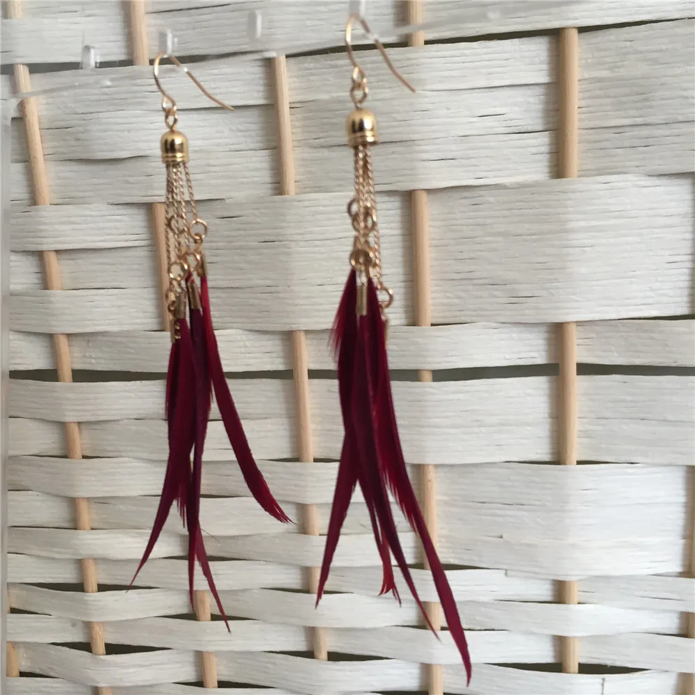 

Gold plating chain with burgundy feather earring