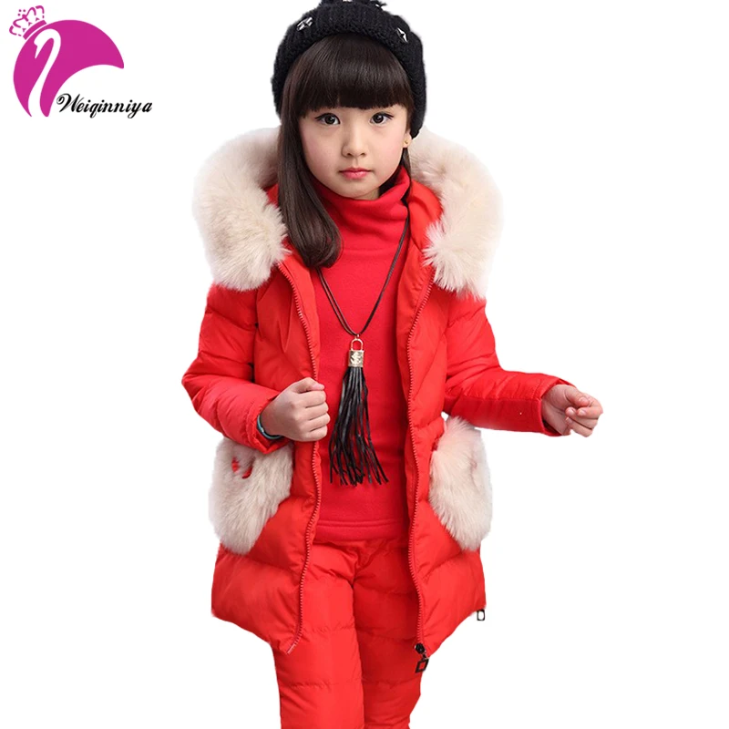 

Children Clothing Set For Girls Fashion2017 Winter Fur Hooded Down Jacket+Parka Pants+Blouse 3 Pieces Suit Outwear Kids Clothes