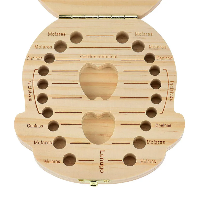 New Tooth shape Box Organizer for Baby Milk Teeth Save Wood Storage case Lanugo Collecting Teeth Gift Spanish/English drop ship