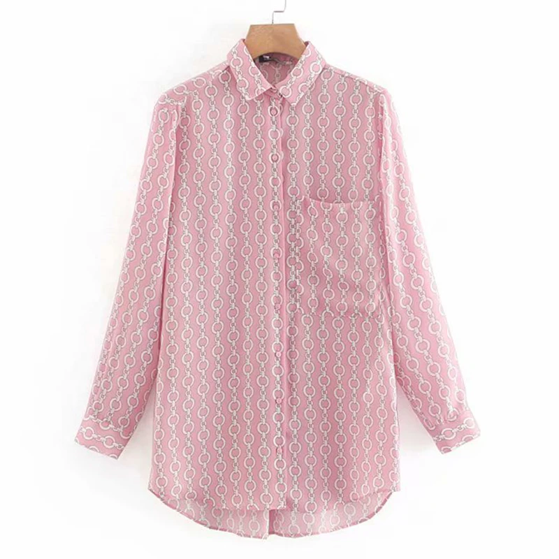 

WXWT 2019 Summer Women's Shirt Retro Fashion Print Chain Lapel Long Sleeve Ladies Shirt Top Casual Joker Elegant Chic Shirt