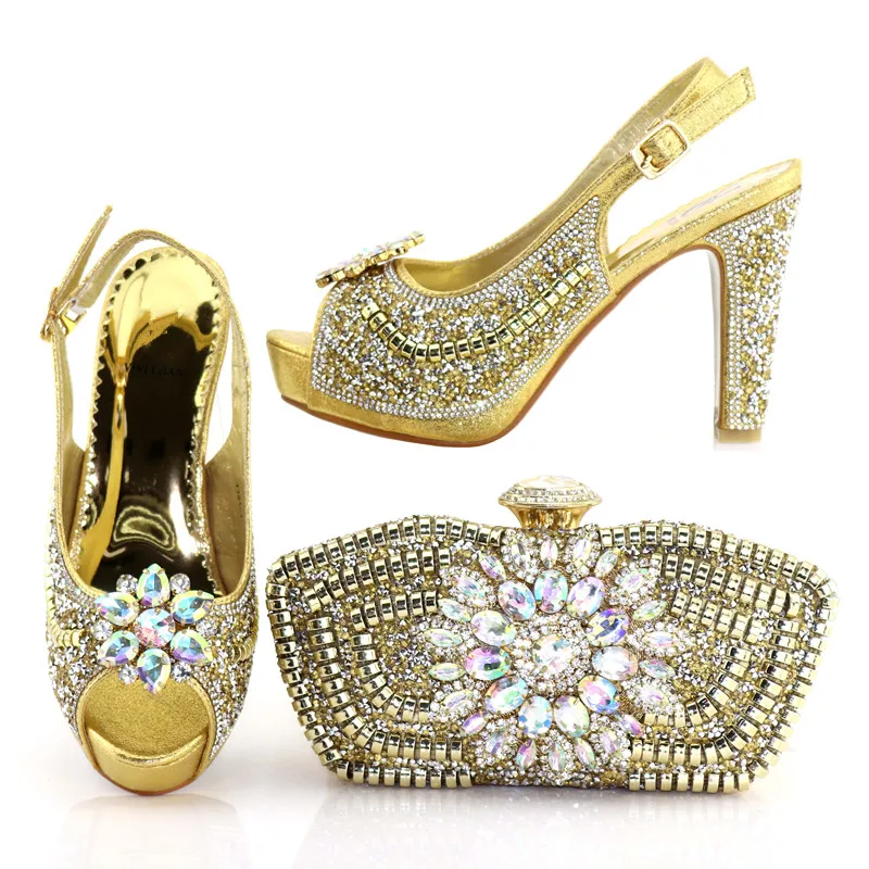 

New arrival shoes and bag to match women african aso ebi party rhinestones sandal gold shoes and bag clutches SB8241-3