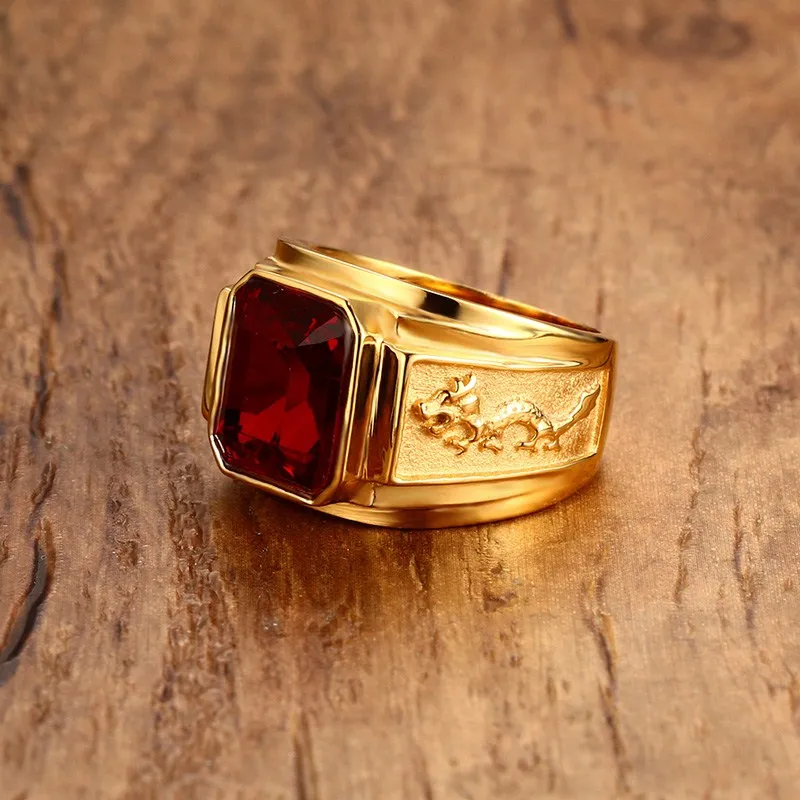 Men's Figment Ring with Red Blue CZ Stone in Gold Tone Stainless Steel Engraved Dragon Men Wedding Bands for Male Jewelry Anel