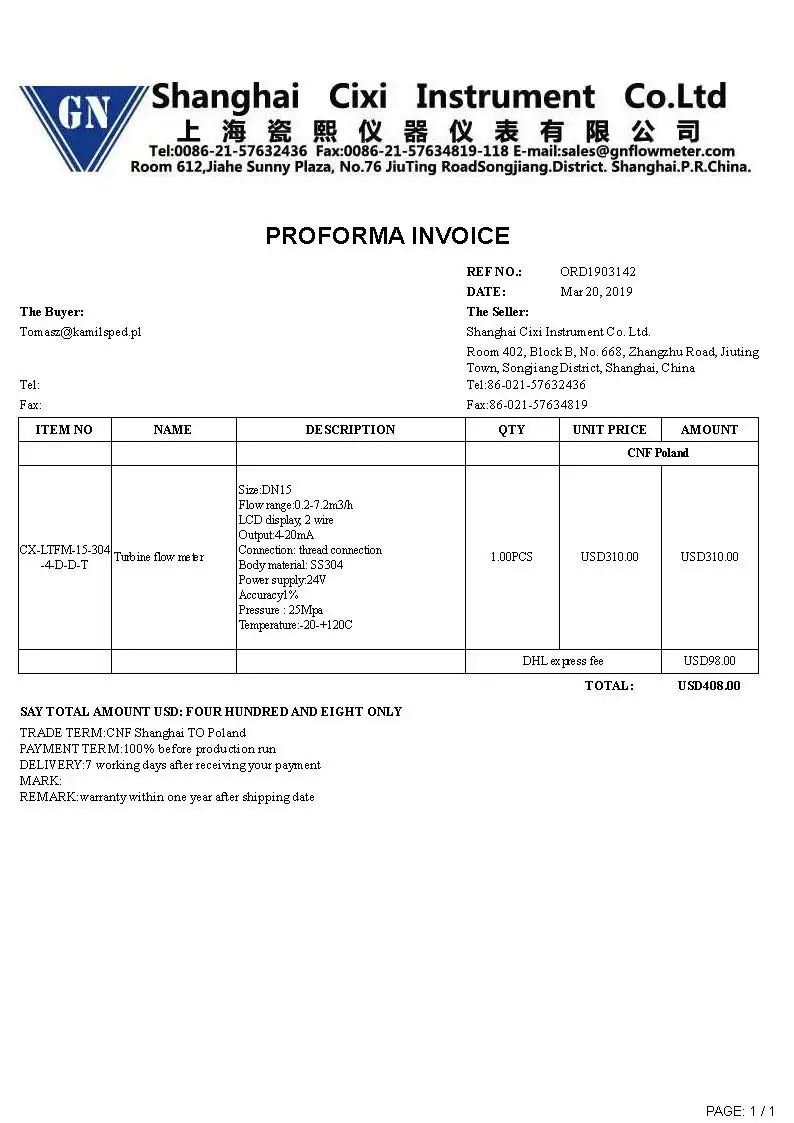 ORD1903142 for turbine flow meter