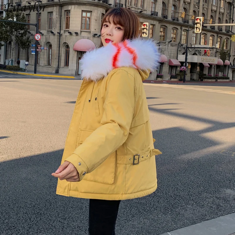 

Fitaylor New Winter Loose Down Cotton Parkas Women Fur Collar Cotton Jacket Hooded Big Pocket Coat Thick Warm Snow Outerwear
