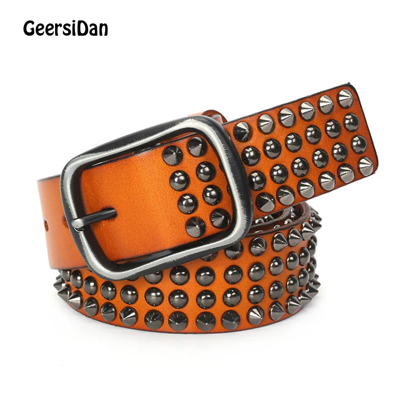 

GEERSIDAN 2019 High quality genuine leather men's Belt fashion luxury Metal Rivet punk Belt male pin buckle belt for jeans