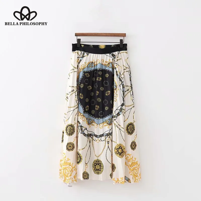 

Bella Philosophy 2018 autumn chain totem print pleated midi skirt faldas mujer ladies side zipper casual chic patchwork skirts