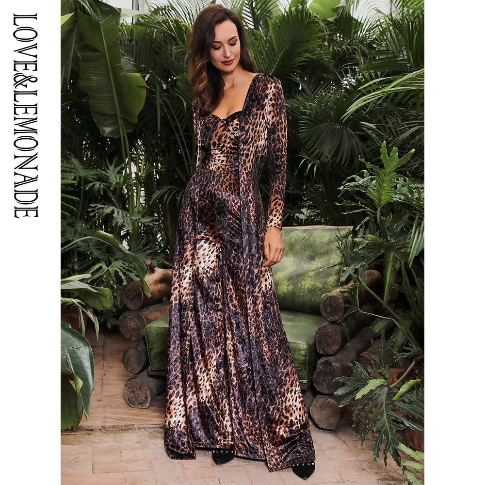 

LOVE&LEMONADE Sexy Brown Leopard Velvet Material Open Stitch Long Coat LM81636 Autumn/Winter