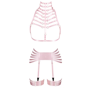 

Women Pink Body Harness Bra Elastic Plus Size Full Cupless Bra Hollow Out Strappy Garter Belt Punk Gothic Sexy Lingerie Set
