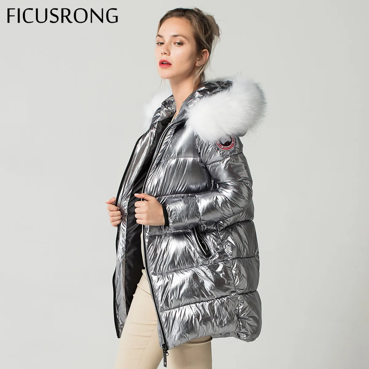 Elegant White Fur Collar Coat Winter Jacket Women Long Down Parkas Female Warm Hooded Jacket Coat Silver Gray 2018 New FICUSRONG
