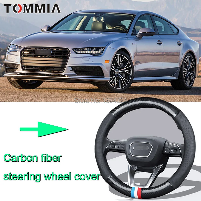 

38CM Size M Rubber Carbon Fiber Leather Car Steering Wheel Cover Non-slip breathable For Audi A7 2008-2019