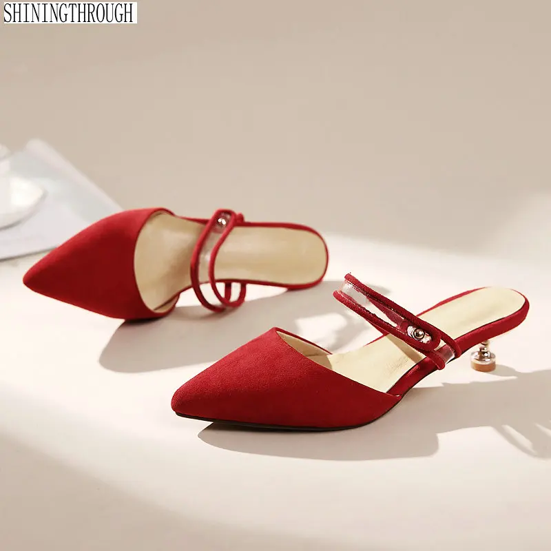 

Pointed Toe Women Slippers 4cm thin Heels Ladies Slides Women Suede leather Brand dress Shoes Woman