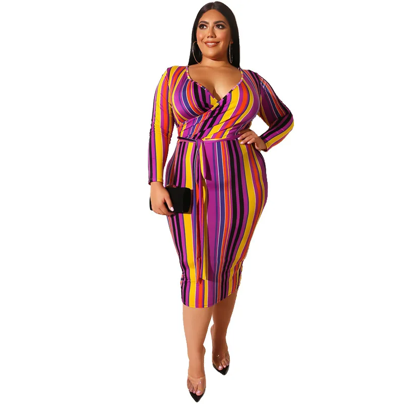 

sensual plus size v neck cross over skinny dress long sleeve stripe autumn dress bandage high waist bodycon XL to 5XL casual set