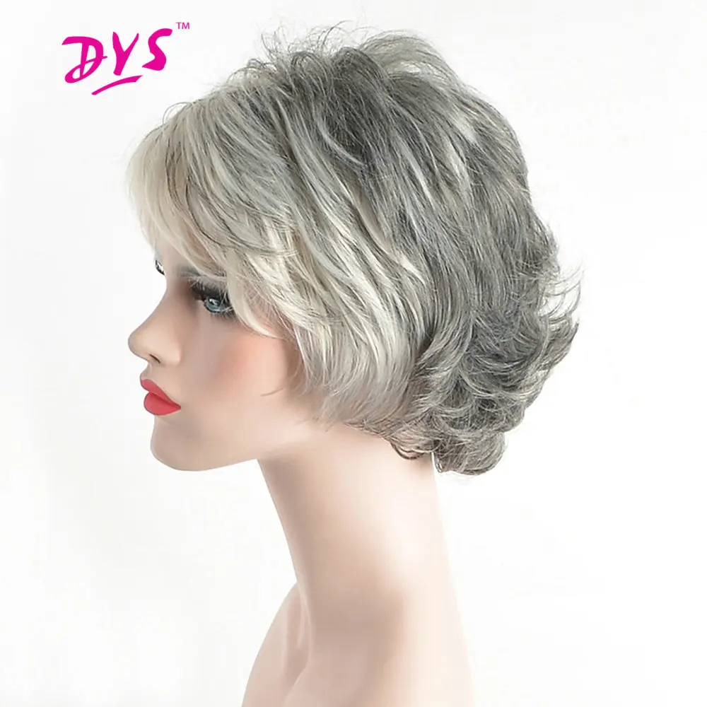 Deyngs Short Ombre Bouncy Curly Wigs For Black Women Natural Synthetic Black To Blonde/Gray Color Brazilian Hair High Teperature