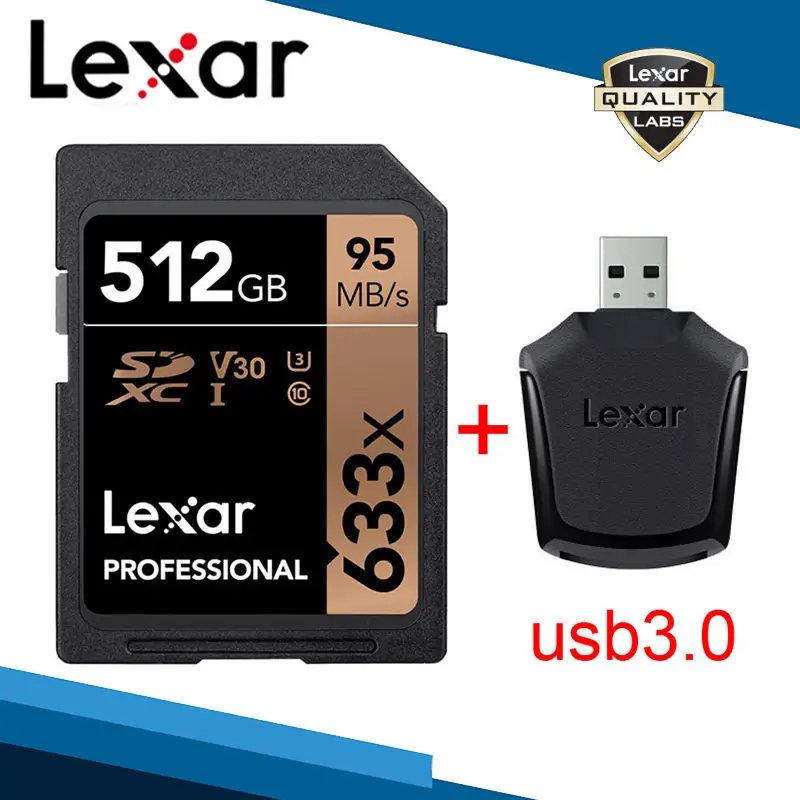 Карты памяти SD Lexar 633x и картридер USB 3,0 2000x 512 ГБ 256 ГБ 128 Гб 64 ГБ 32 ГБ UHS-I класс 10 V30 U3 SDXC карты памяти - Емкость: 512G Card and Reader