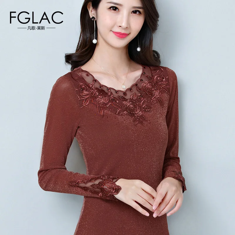 

FGLAC Women blouse shirt Fashion Long sleeve Mesh top shirt Hollow out Embroidery shirt plus size womens tops and blouses