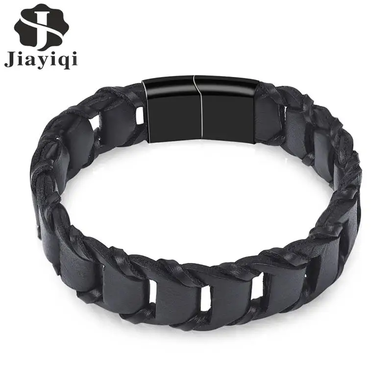 Jiayiqi Fashion Genuine Leather Bracelet for Men Brown Black Rope Chain Stainless Steel Clasp Magnetic Punk Jewelry Cool Gift
