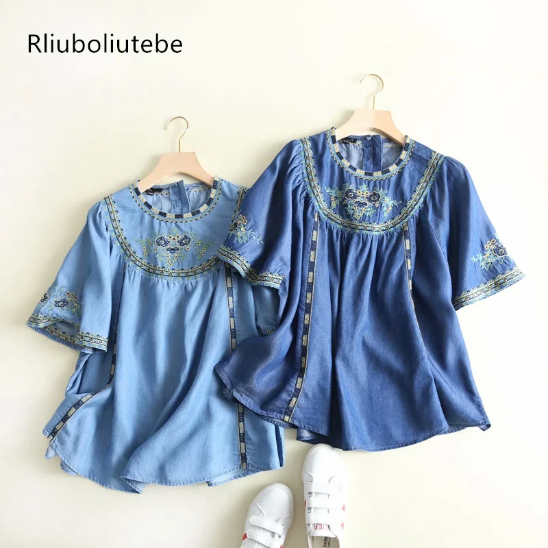 

loose floral embroidery denim blouse women pleated jeans blouse short sleeve loose tops floral soft high waist blue light blue
