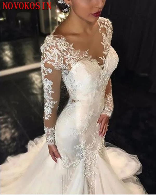 

2019 Mermaid Bridal Dress 6 Layers Tulle Wedding Dress Long Sleeves Back Button See Through V Neck Bride Wedding Gown