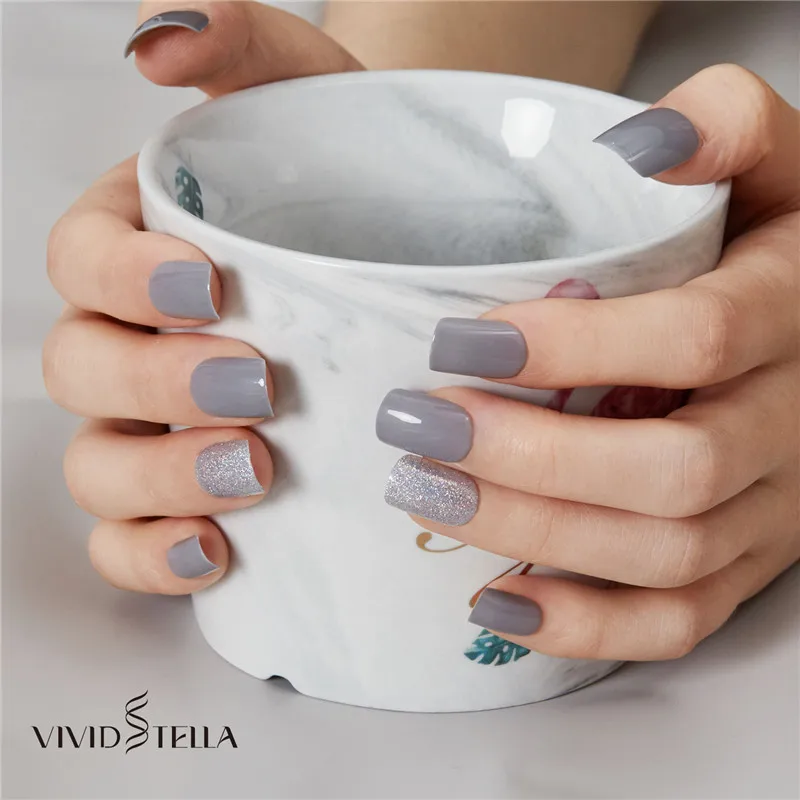 30PCS Press on Nude Grey Fake Nail With Designs Glitter Short Girls False Nail Tips ABS DIY Artificial Nail Art