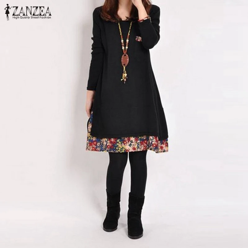 

Plus Size M-XXL 2015 Autumn Women Casual Vintage Dress Ladies Leisure Loose Floral Hem O Neck Long Sleeve Cotton Bottoming Dress