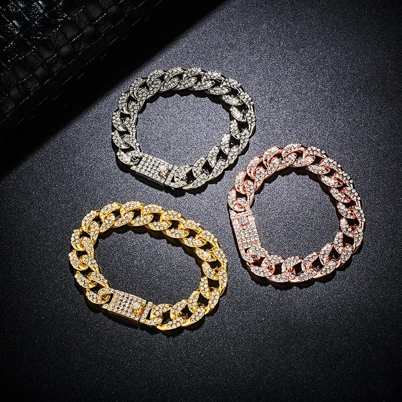 

SHUANGR Fashion Men's Bracelet Miami Cuban Link Gold Silver Iced Out Paved Rhinestones Male Wristband Street Women Jewelry
