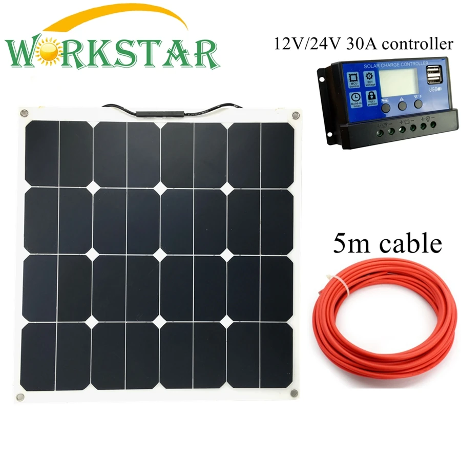 

Sunpower 50W Flexible Solar Panels with 30A Controller and 5M Cable 50W solar System Kit for Beginner for RV/boat