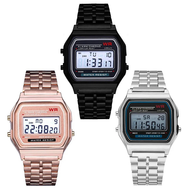 

Elegant Mens Womens Retro Stainless Steel LCD Digital Sports Stopwatch Watch LED Ladies Watch Female Electronic Clock