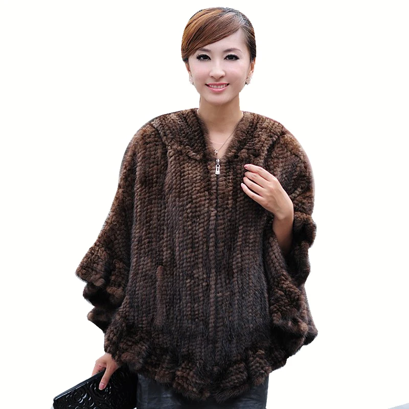 

Winter Women's Genuine Real Knitted Mink Fur Shawl Ruffle Hem Hooded Cape Poncho Lady Warm Pashmina VF1045