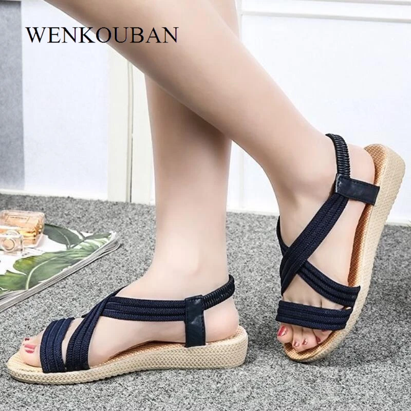 

Fashion Bohemian Sandalias Women Wedge Sandals Ladies Flats Beach Shoes Female Summer Elastic Band Flip Flops Zapatos de Mujer