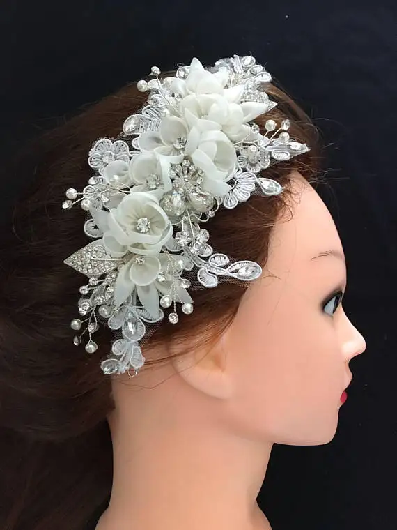 

Deluxe crystal bead applique with 3D artificial flower, handmade rhinestone applique for bridal sash, bridal headpiece