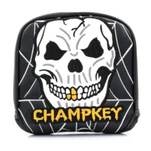 Champkey Golf Mallet Headcover Putter Cover for Center-shaft Club Magnetic Closure Black White PU Leather Skull Embroidery