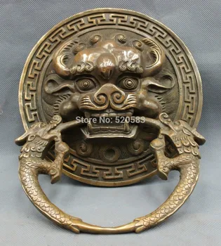 

SCY 10" Chinese Copper Bronze Guardion Lion Mask Statue Ward Evil Gate Door Knocker