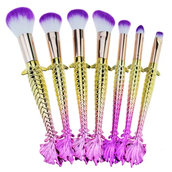 

7Pc Fish Scale Synthetic Hair Blush Mermaid Brushes For Makeup Foundation Eyeliner, Mermaid Tail Pinceis De Maquiagem Cosmetics