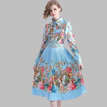 

HAMALIEL Runway Women Pleated Vestidos Summer Long Sleeve Floral Print Shirt Party Dress Elegant Slim Turn Down Collar Sundress