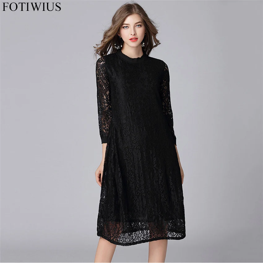 4XL 5XL Plus Size Dress Women O neck 3/4 Sleeve Casual Black Lace Dress ...