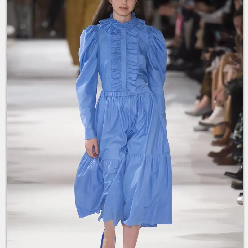 

Runway Set 2018 High Quality Women Clothes Sets Spring Summer Long Sleeve Ruffles Top Shirt + Skirt Blue NPD0619