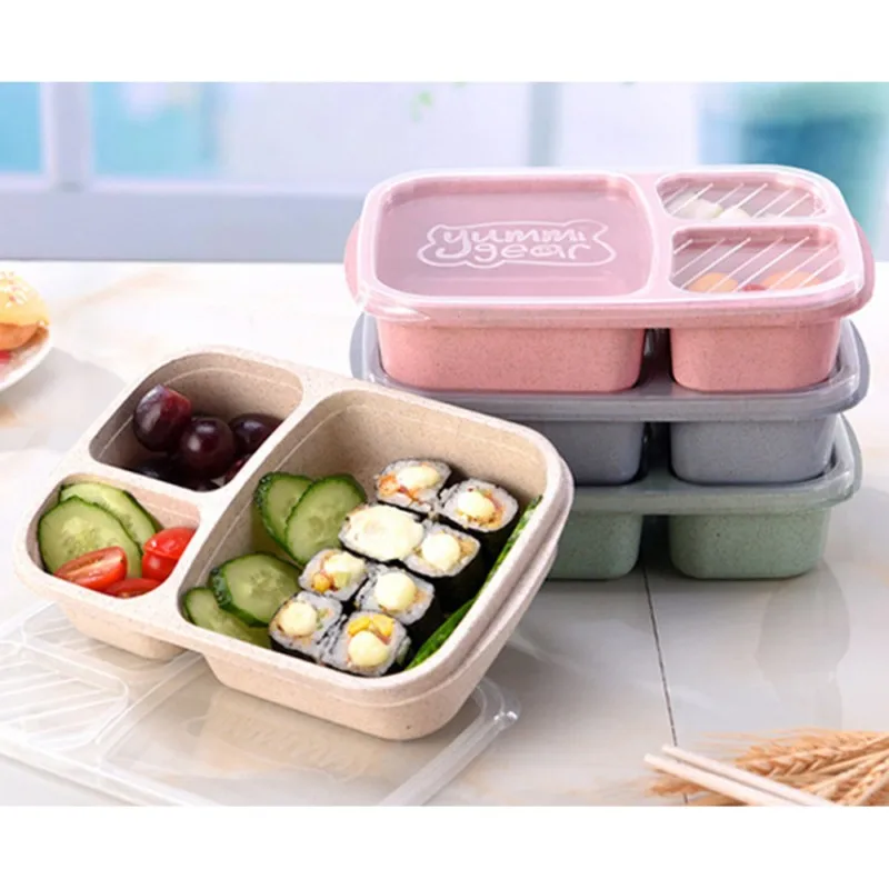

1Pc Wheat Straw Lunchbox 3 Grids With Lid Fruit Food Box Storage Container Biodegradable Bento Lunch Boxes For Kids Dinnerware