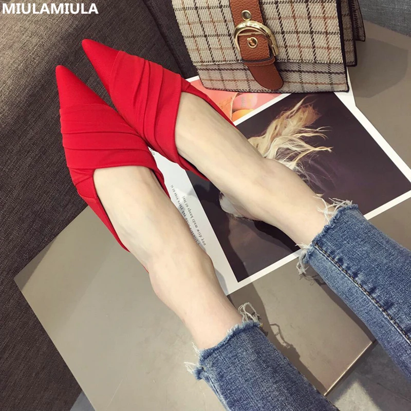 

MIULAMIULA Brand Desigers 2019 Summer Luxury Pleated Silk Point Shoes Lady Thin Med Kitten Heels Pumps Elegant Slip On Loafers