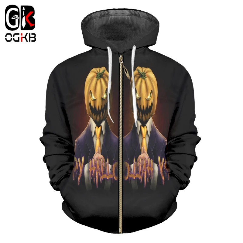 OGKB Men Winter Bat Loose Tops 3D Printed Lovely Pumpkin Halloween Plus Size 5Xl Skulls Clothes Man Straw Zip Hoodies | Мужская одежда