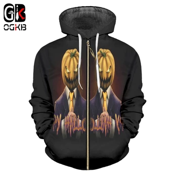 

OGKB Men Winter Bat Loose Tops 3D Printed Lovely Pumpkin Halloween Plus Size 5Xl Skulls Clothes Man Straw Zip Hoodies