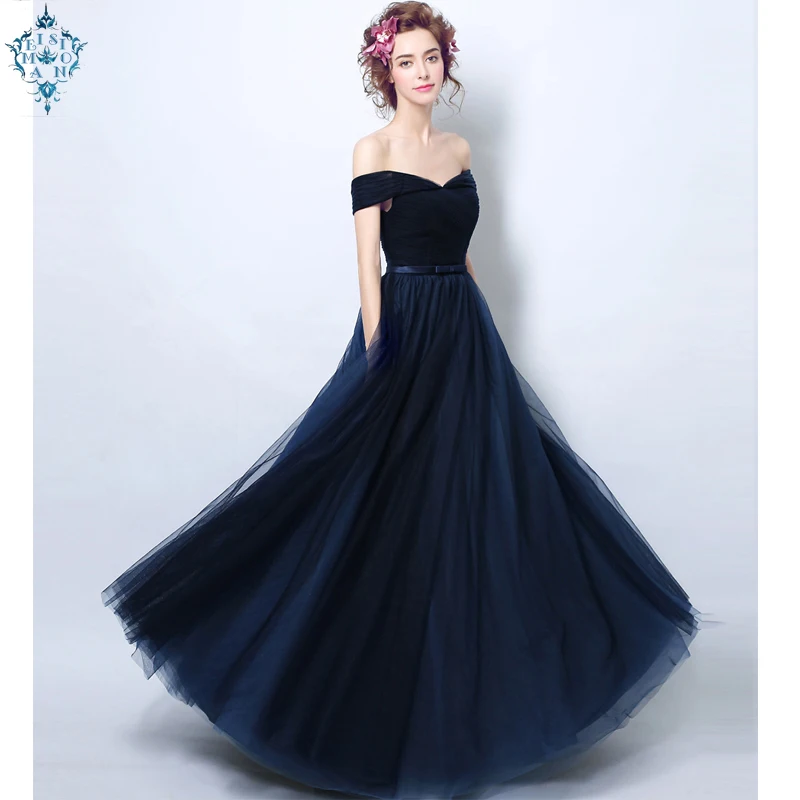 

Ameision 2019 summer Navy blue Slim short sleeve Evening Dresses women luxury noble Off the shoulder Formal Gown Prom Dresses