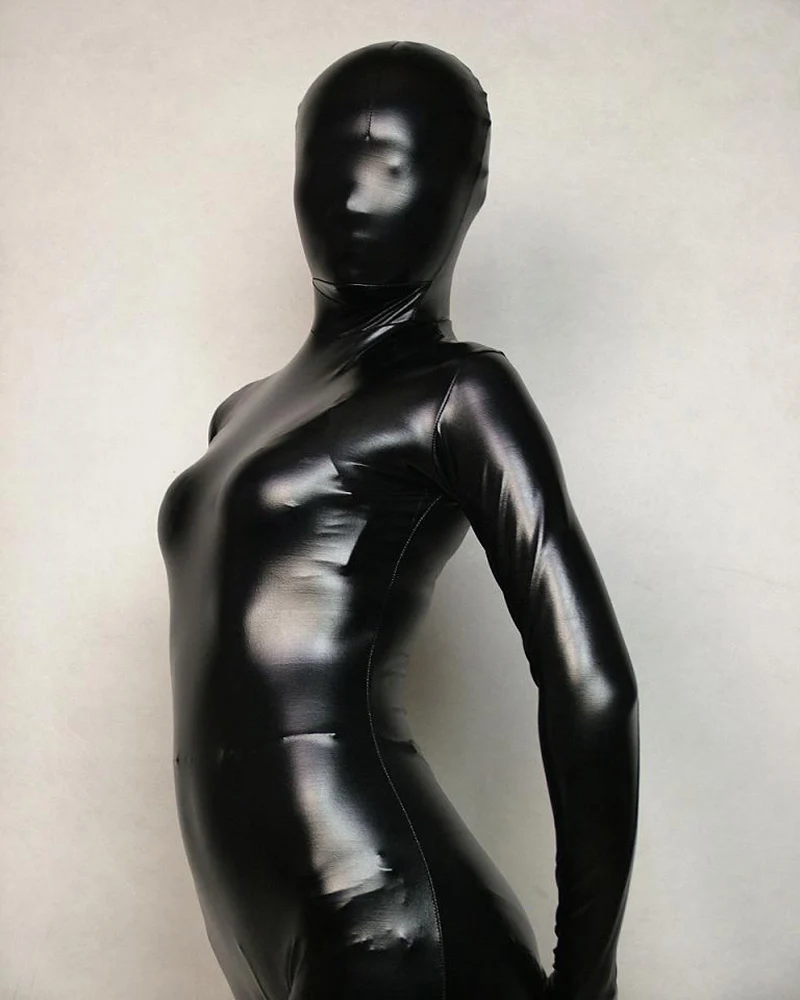 

Wet look Black Full Body Spandex/lycra Latex Rubber Zentai Cosplay Bodysuit Adult Size