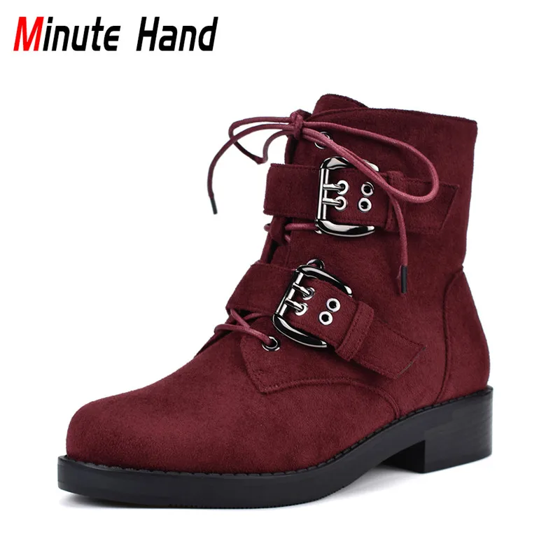 

Minute Hand Flock Leather Fashion Buckle Motocycle Boots Women Lace Up Side Zipper Female Ankle Boots Chunky Heels Autumn Winter