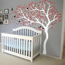 Large Size Corner White Tree With Leaves And Birds Wall Sticker Vinyl Art Home Decor Nursery Kids Baby Bedroom Decals Mural 3526